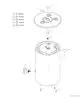 Schematische Darstellung eines Edelstahlspeichers mit Anschlussdetails. Teile, Schrauben und Dichtungen sind beschriftet. Bosch-Produkt mit verschiedenen Komponenten zur Montage.